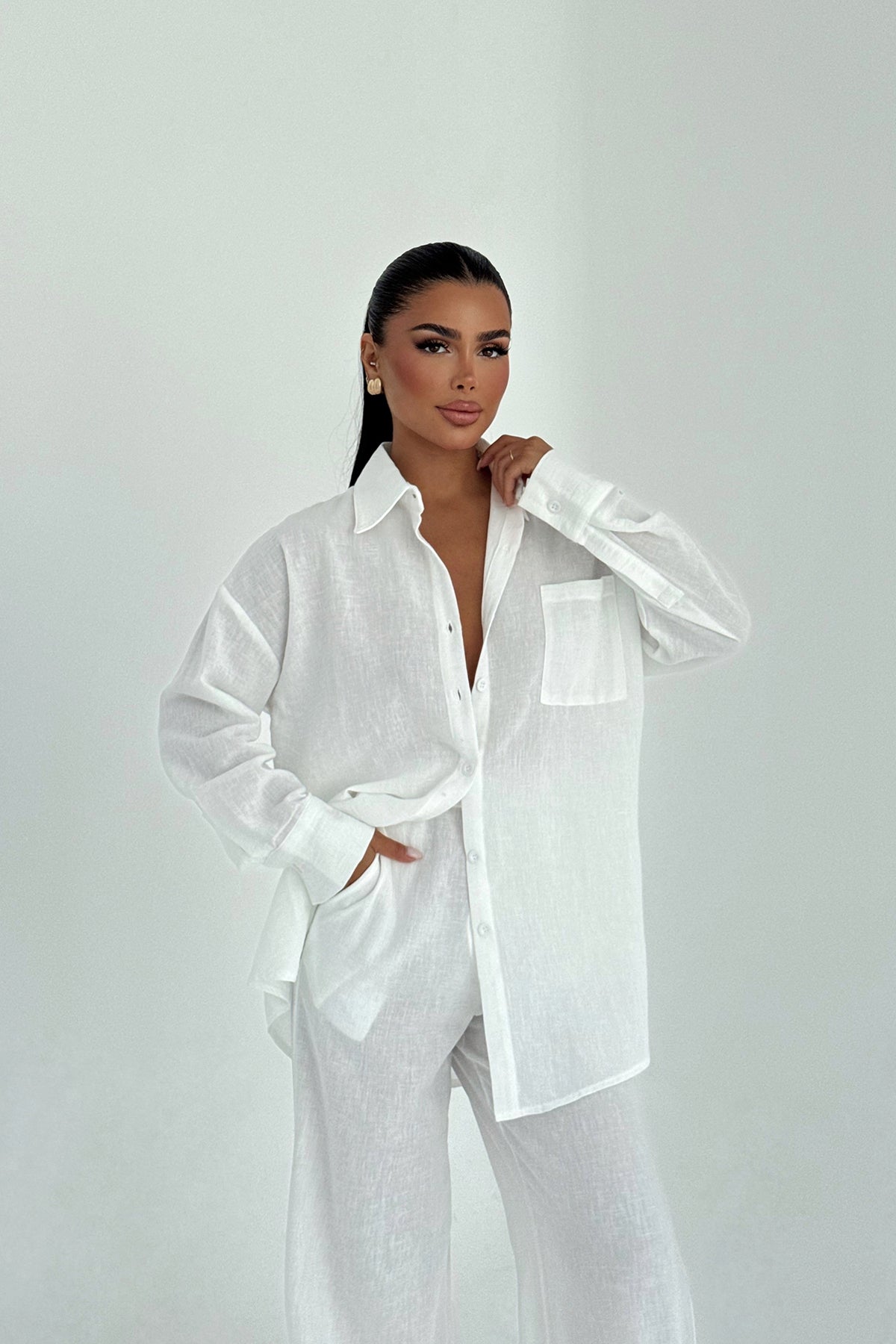 Beyaz Cep Detay Pantolonlu Takım ATE-3246