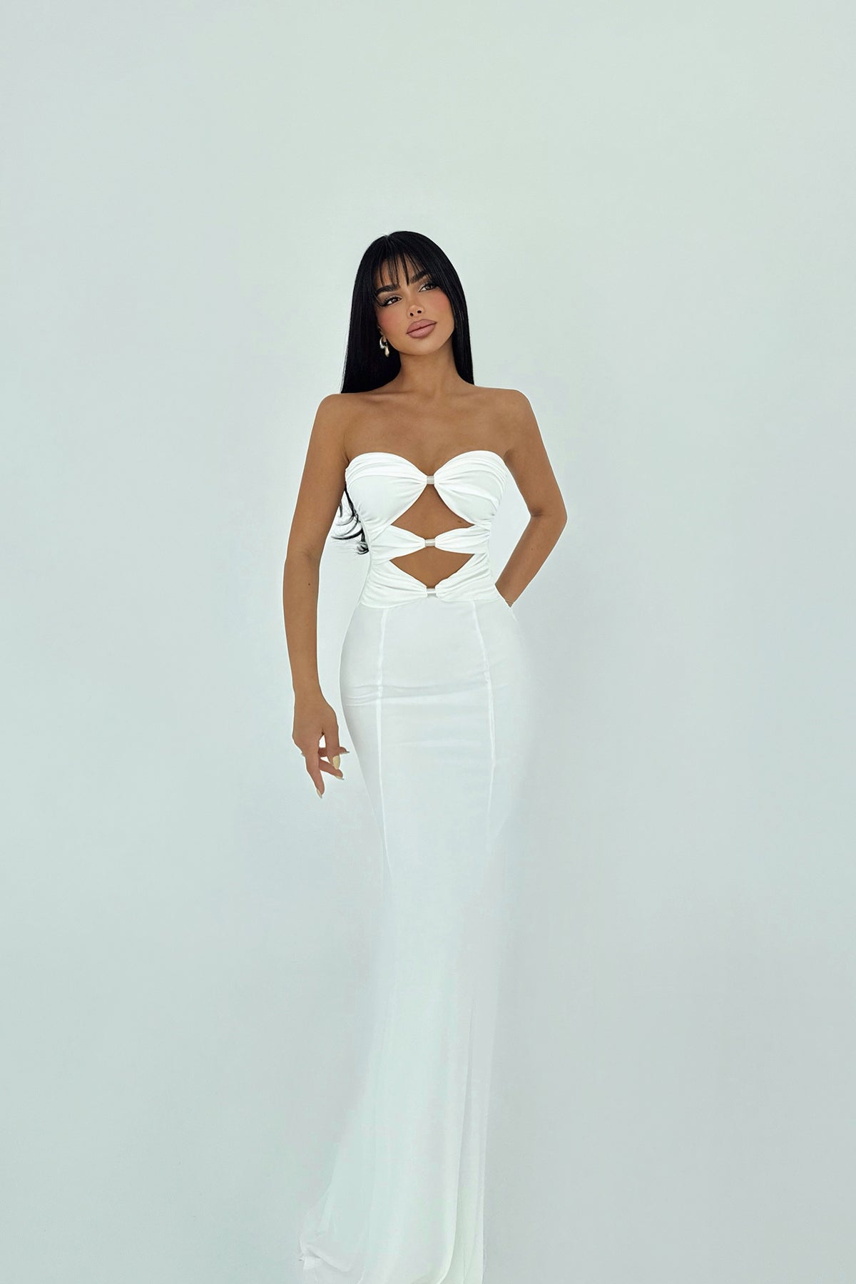 Beyaz Kenley Uzun Elbise ATE-2909