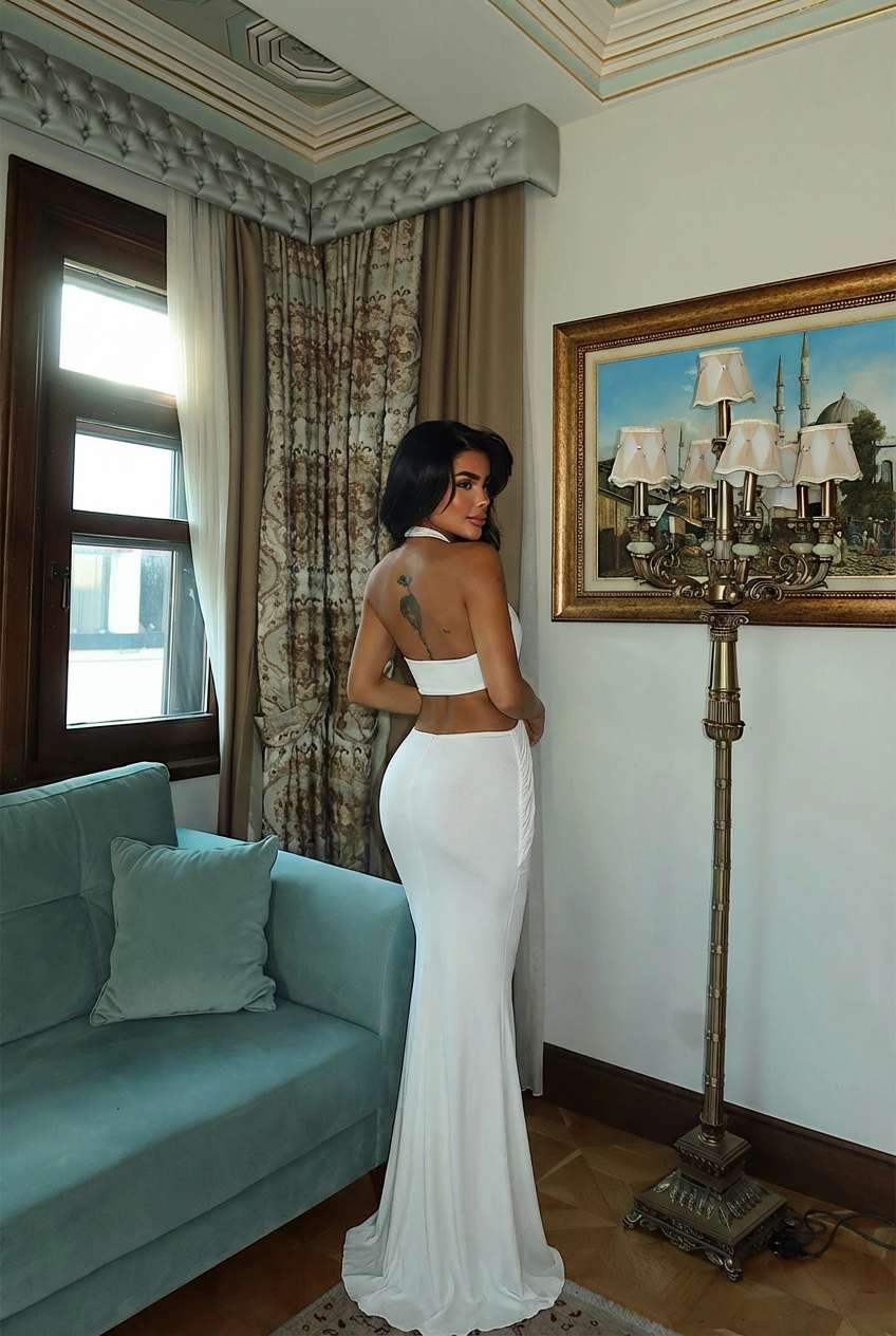 Beyaz Seamed Uzun Elbise ATE-3494