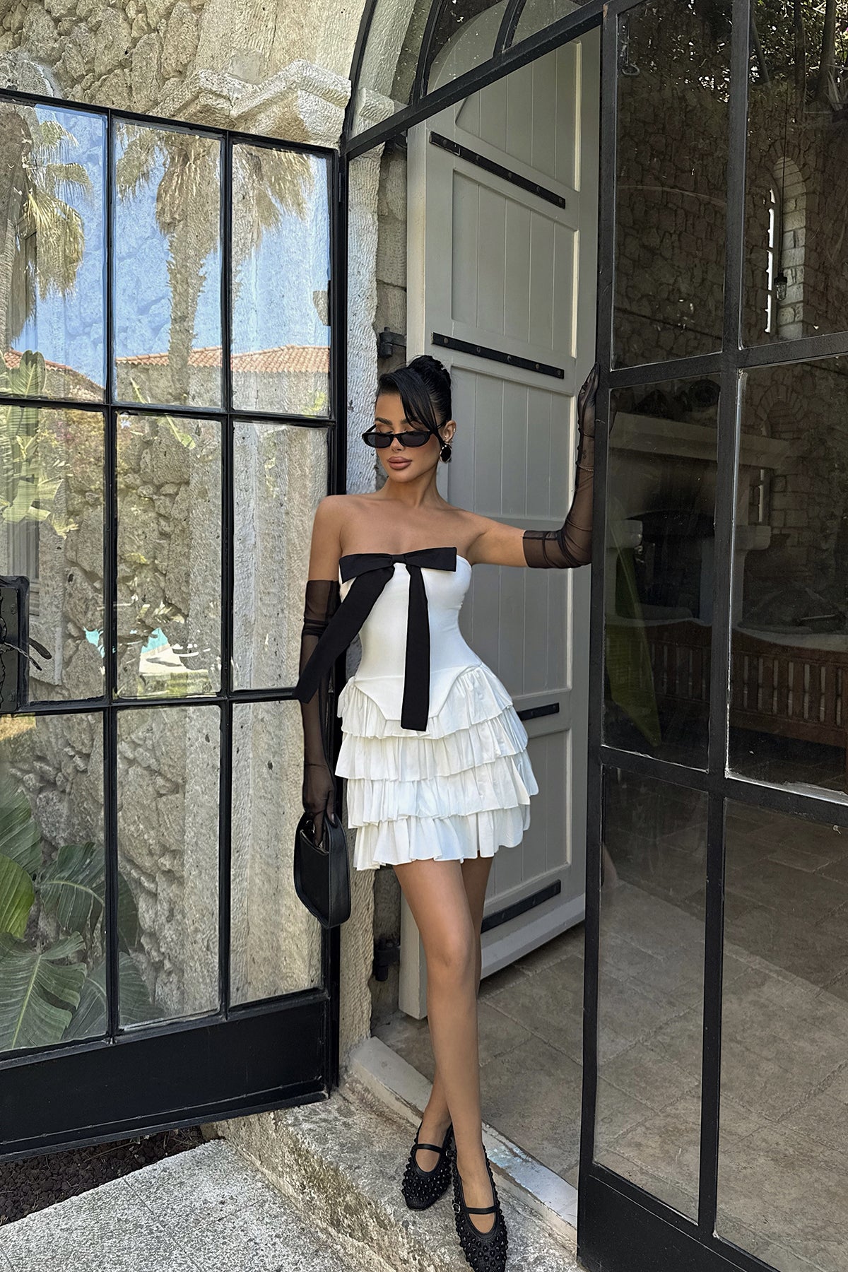 Beyaz Ramblas Eldiven Detaylı Mini Fırfır Elbise ATE-2774