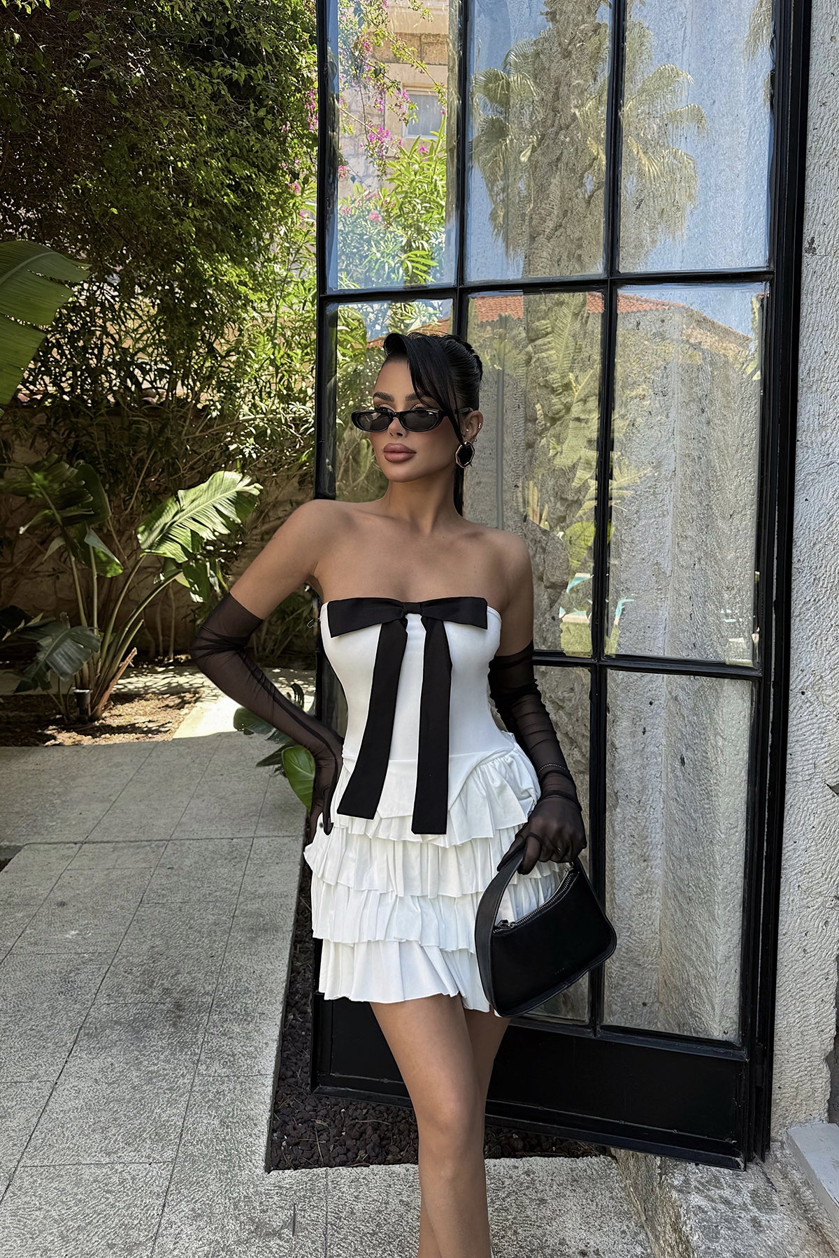 Beyaz Ramblas Eldiven Detaylı Mini Fırfır Elbise ATE-2774