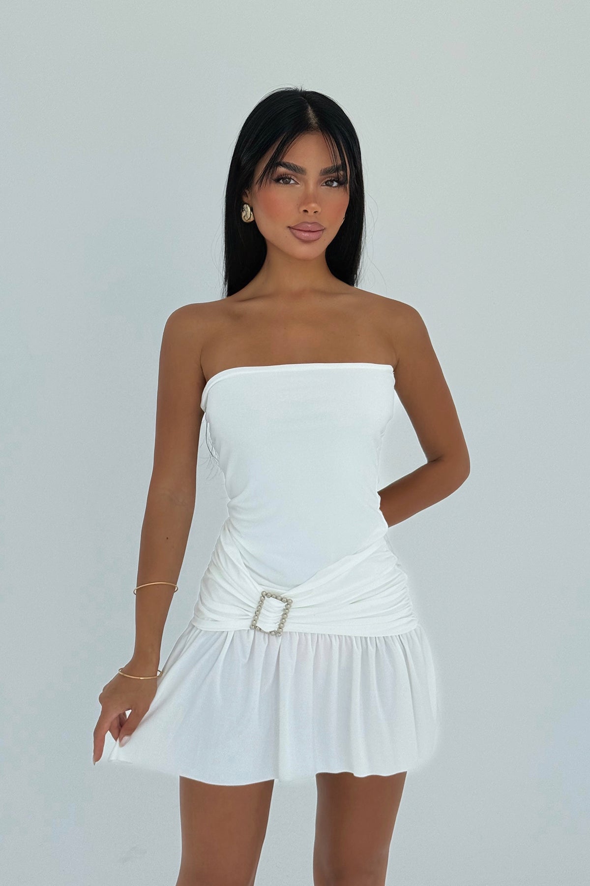 Beyaz Jody Mini Taş Aksesuarlı Elbise ATE-3133
