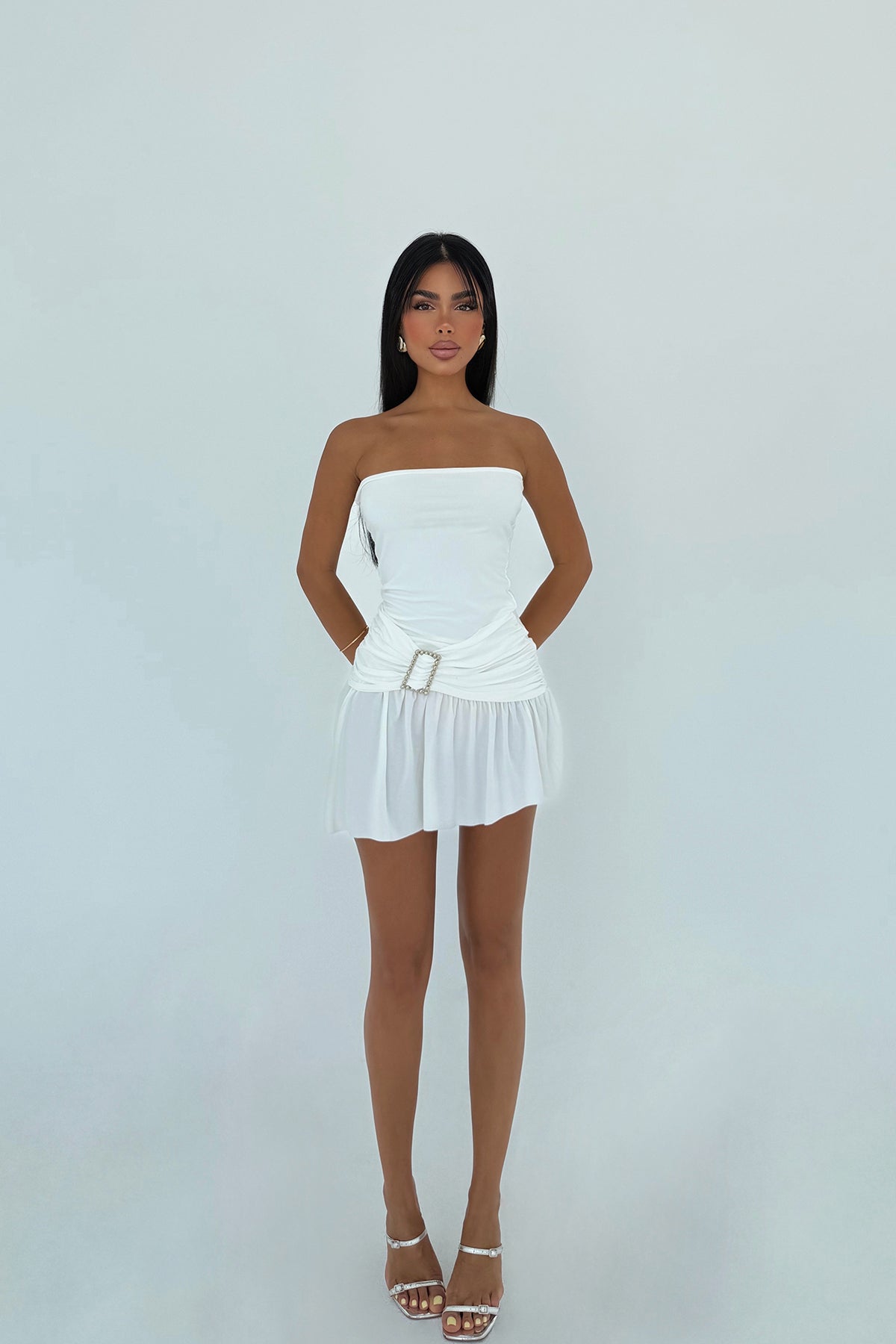 Beyaz Jody Mini Taş Aksesuarlı Elbise ATE-3133