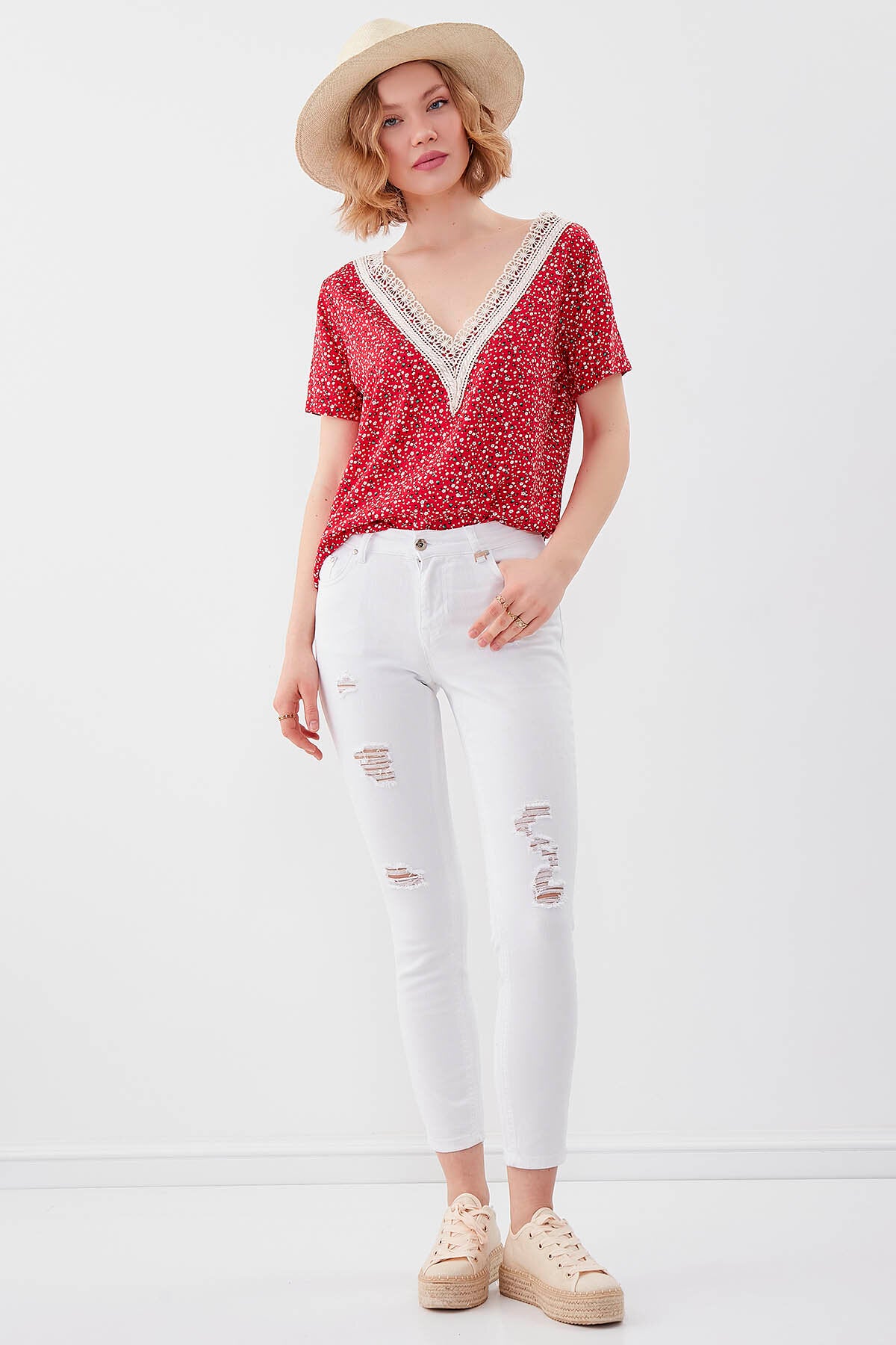Beyaz Yırtık Skinny Denim Pantolon