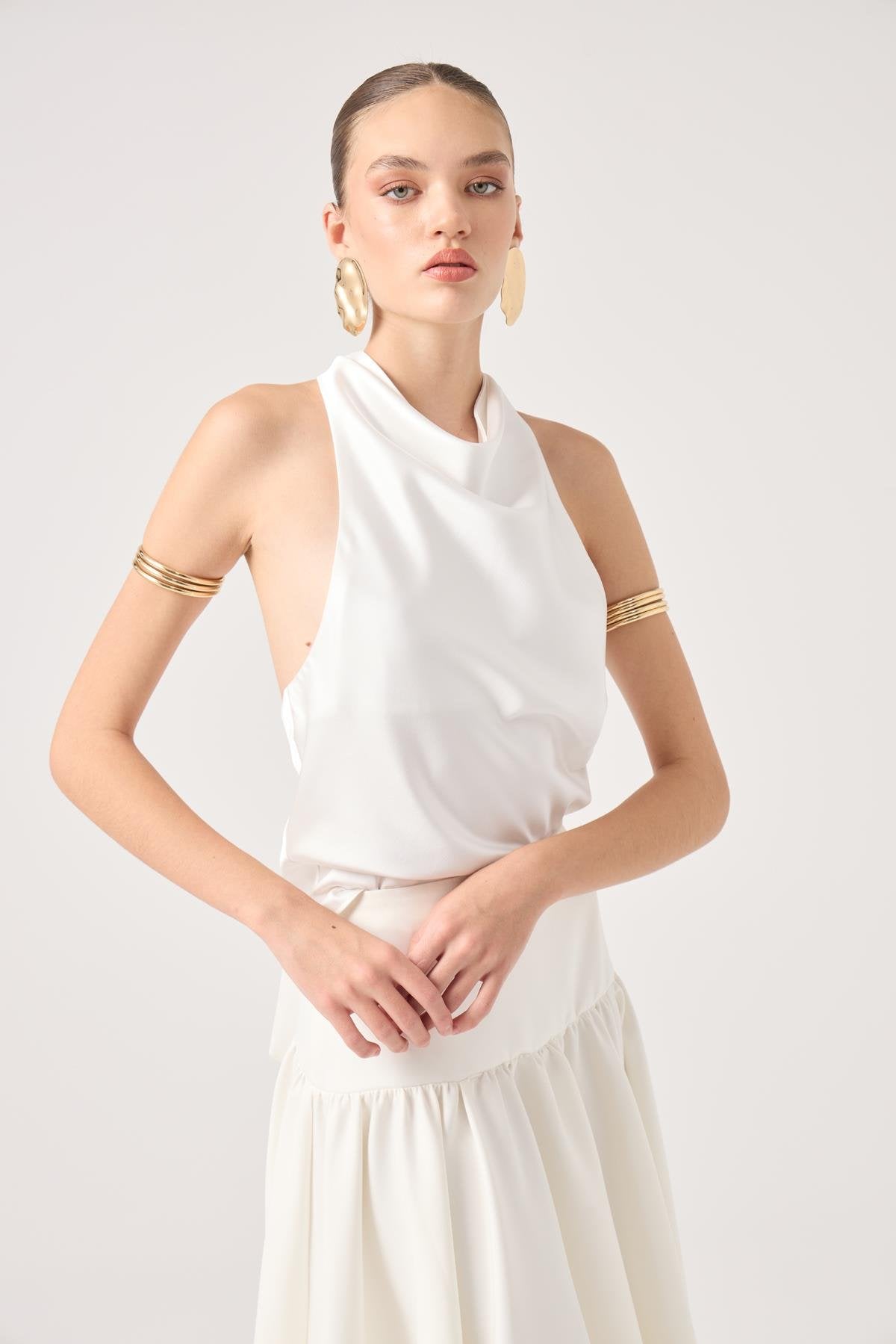 Degaje Yaka Saten Dalia Bluz Beyaz Beyaz L