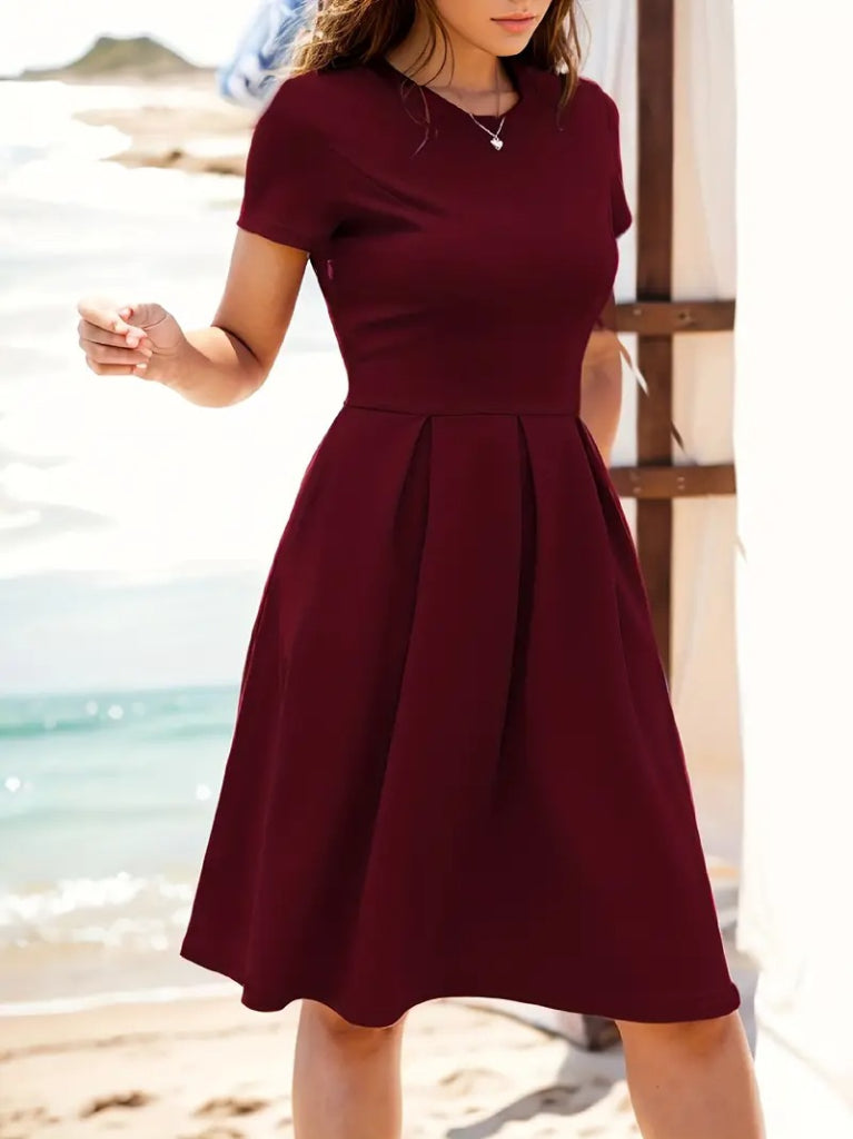 Women's Short Sleeve Crew Neck Front Pleated Detail Ruffled Crepe Dress