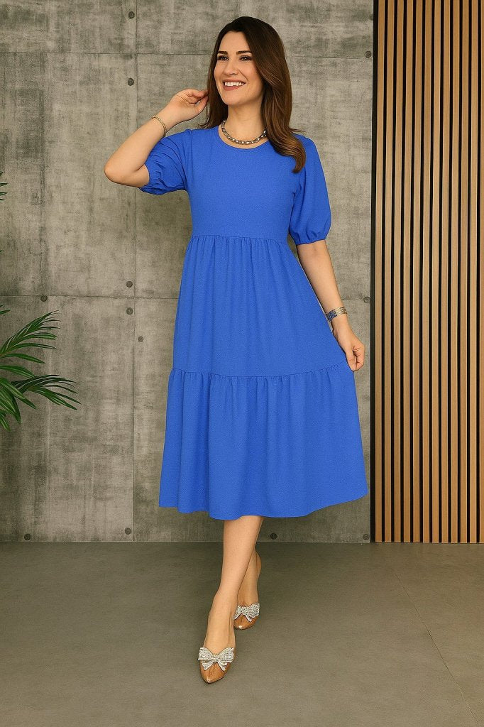 Women's Short Sleeve Open Collar Layered Crinkled Balloon Dress