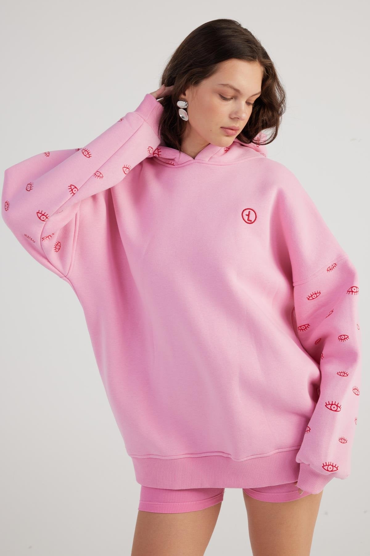 Oversize Kapüşonlu Unisex Eye Sweat Pembe