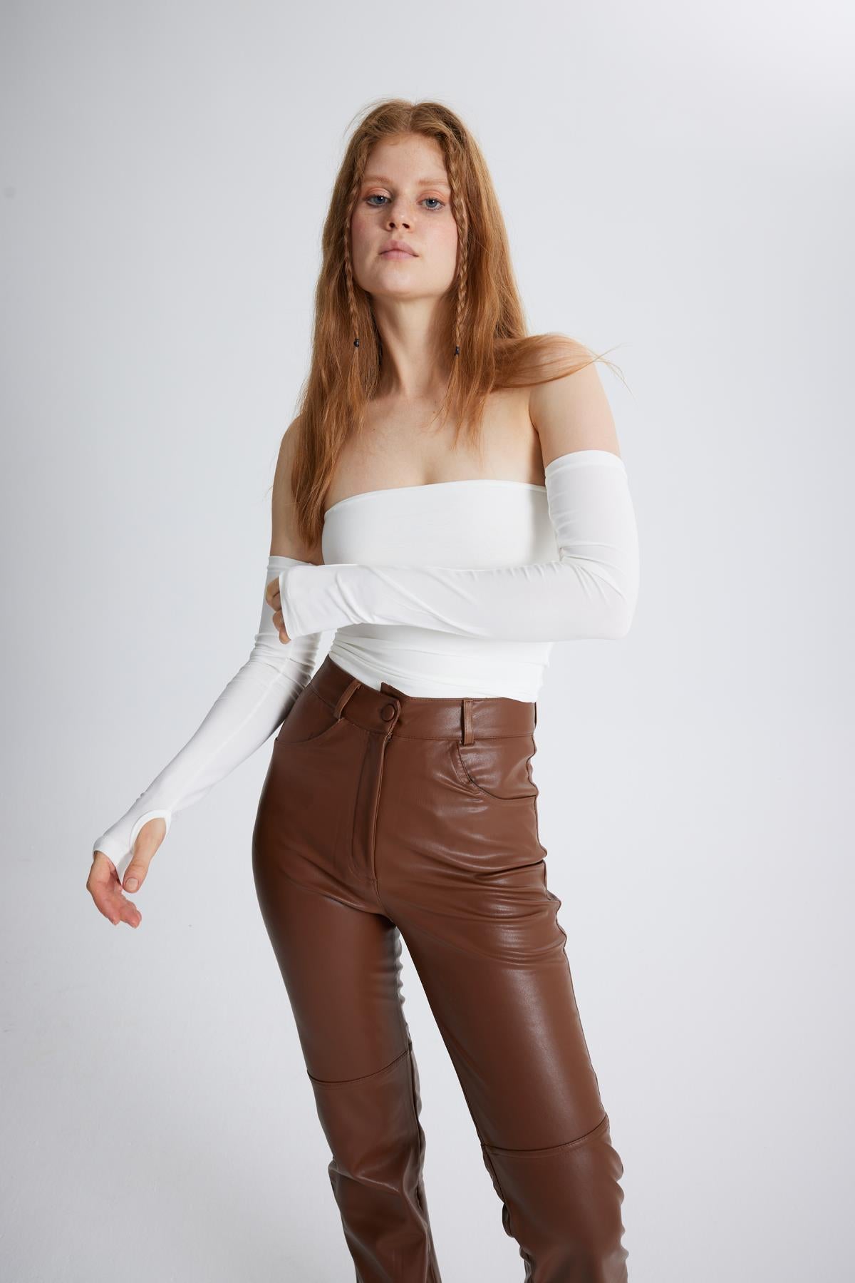 Kolları Ayrı Straplez Smooth Bluz Beyaz