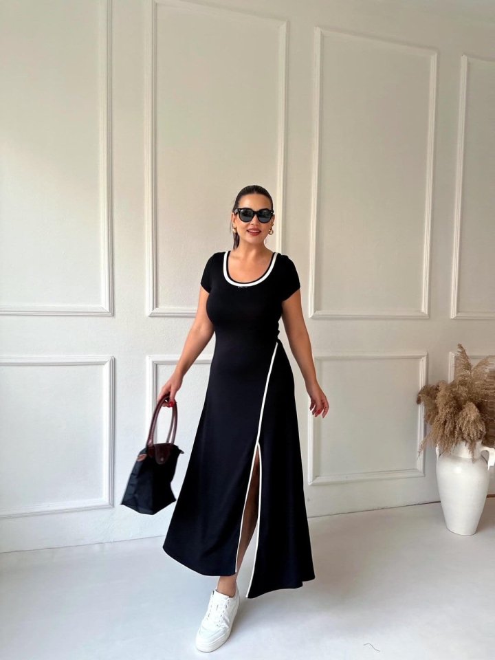 Women's Round Ribbed Neck White Slit Detailed Viscose Full-Length Dress