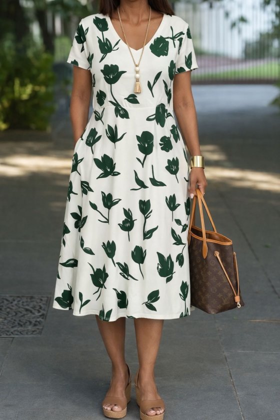 Women's Short Sleeve V-Neck Pocket Detailed Patterned Supreme Dress