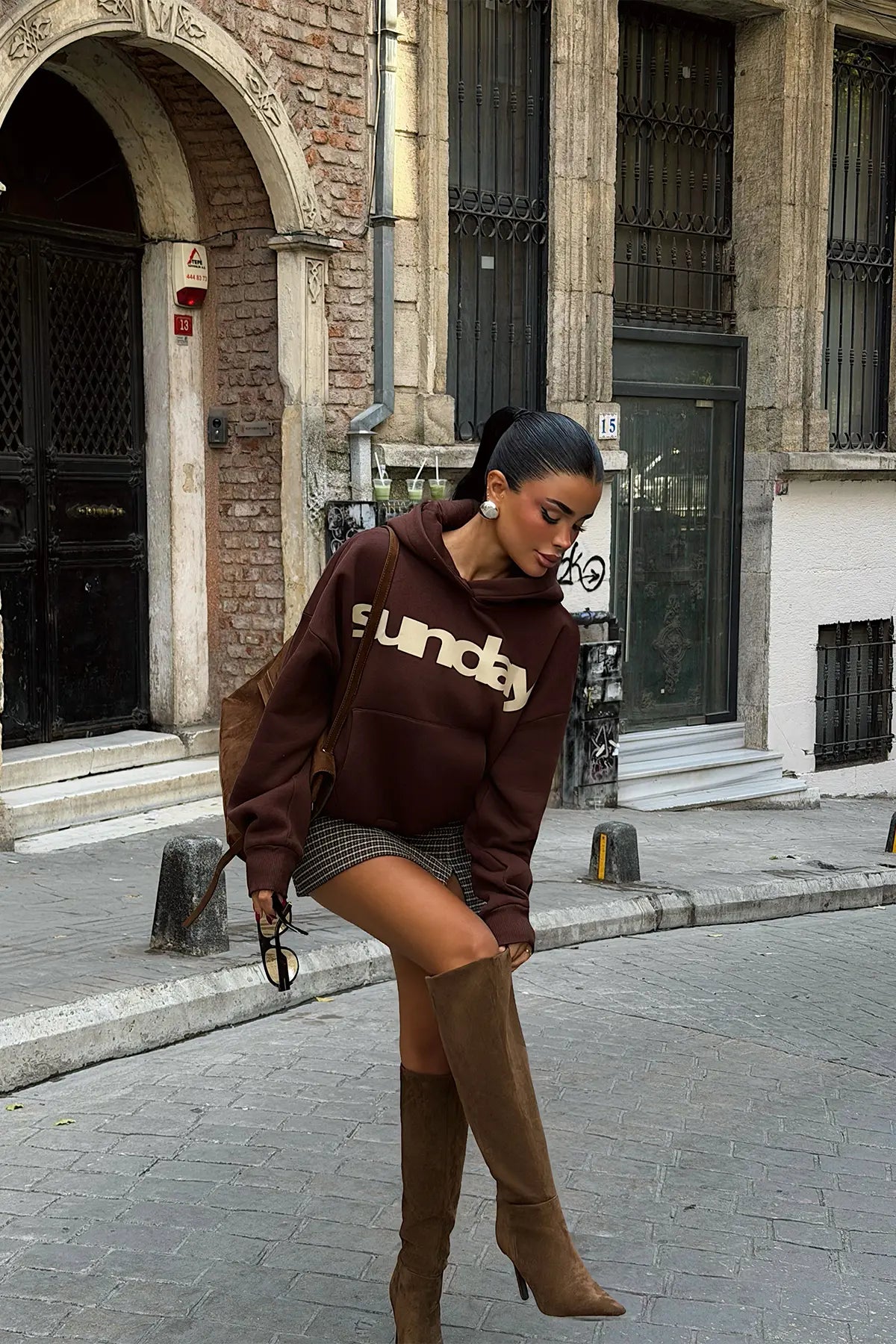Acı Kahverengi Sunday Yazılı Hoodie