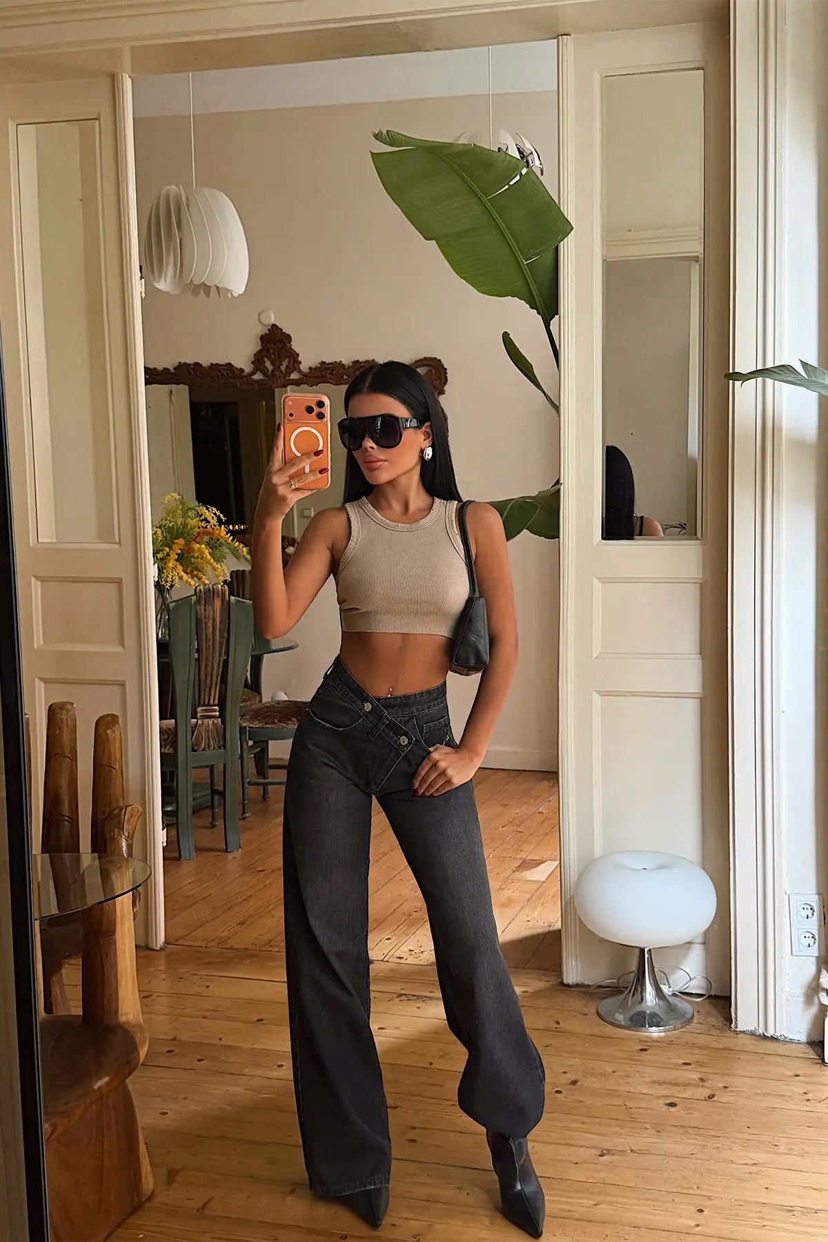 Siyah Çapraz Düğmeli Jean