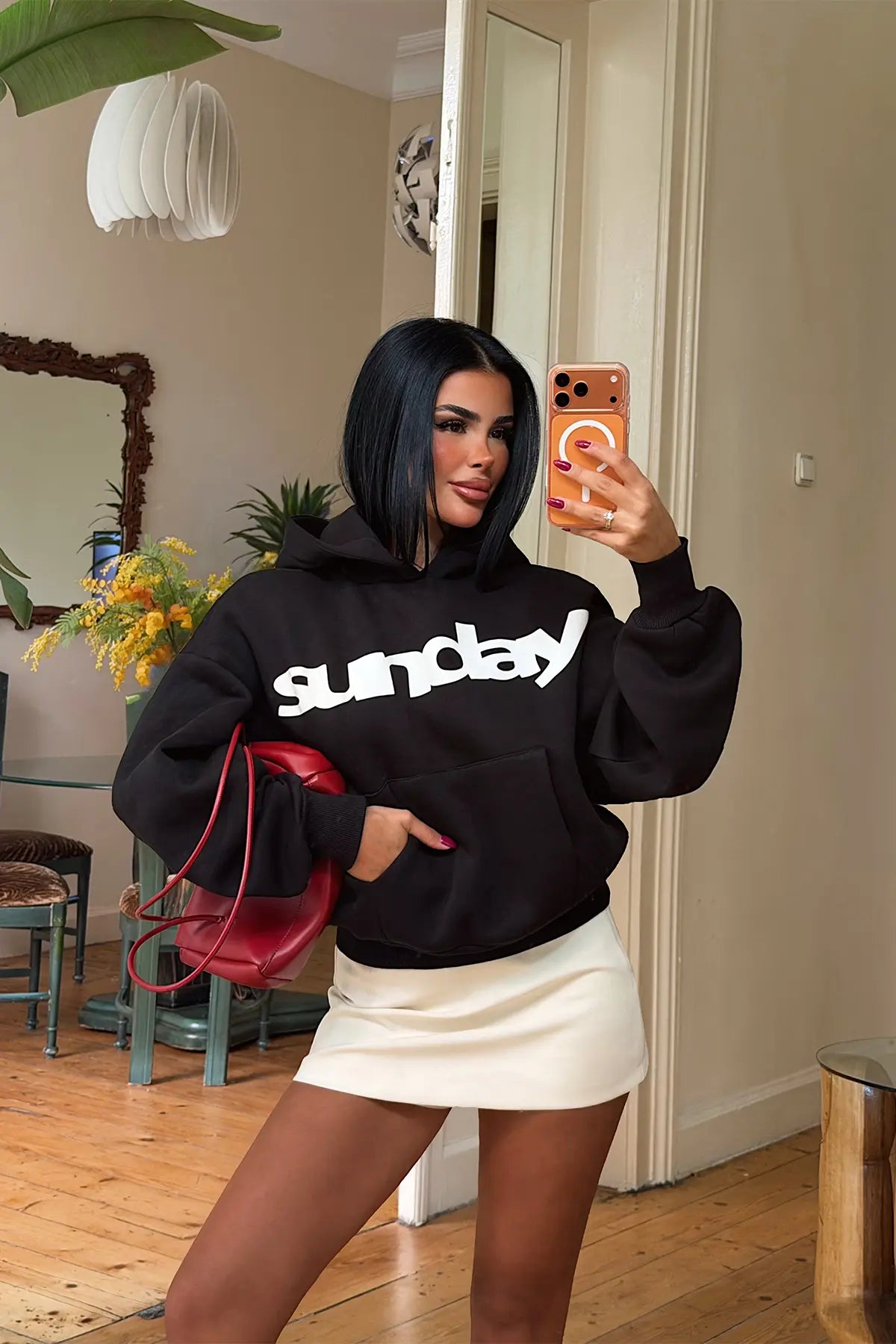 Siyah Sunday Yazılı Hoodie