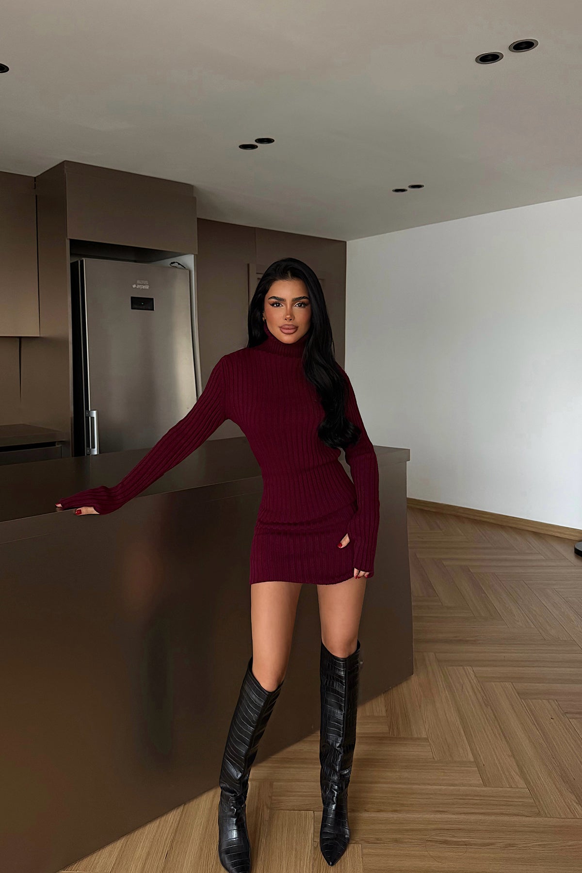 Bordo Zurih Triko Elbise ATE-4426