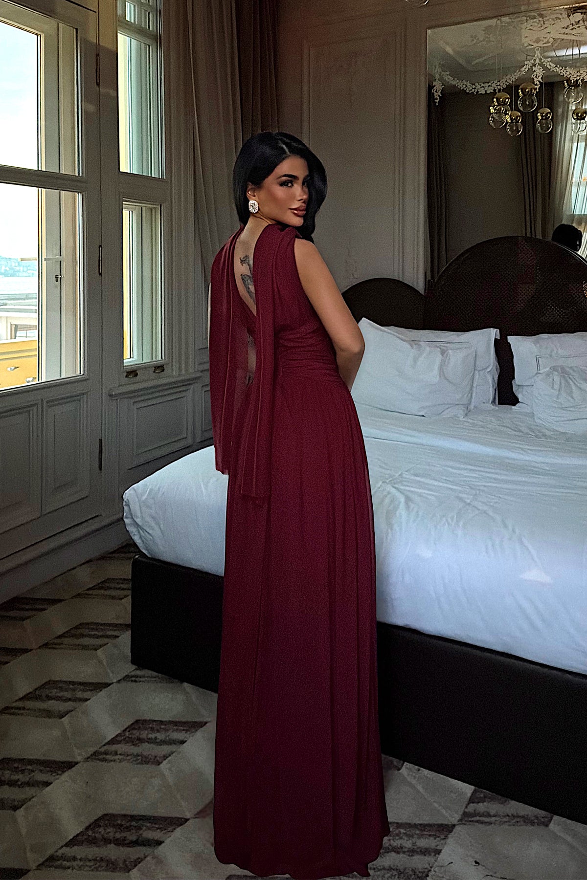 Bordo Lucyna Uzun Tül Elbise ATE-4211