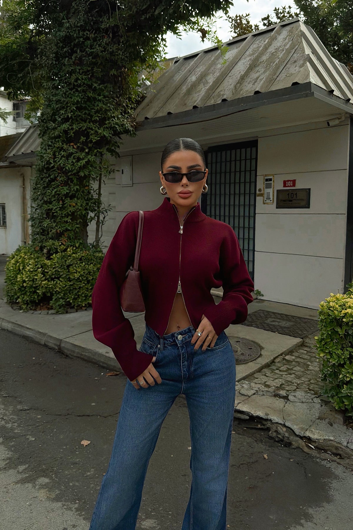 Bordo Balboa Çift Fermuarlı Triko Hırka ATE-3894