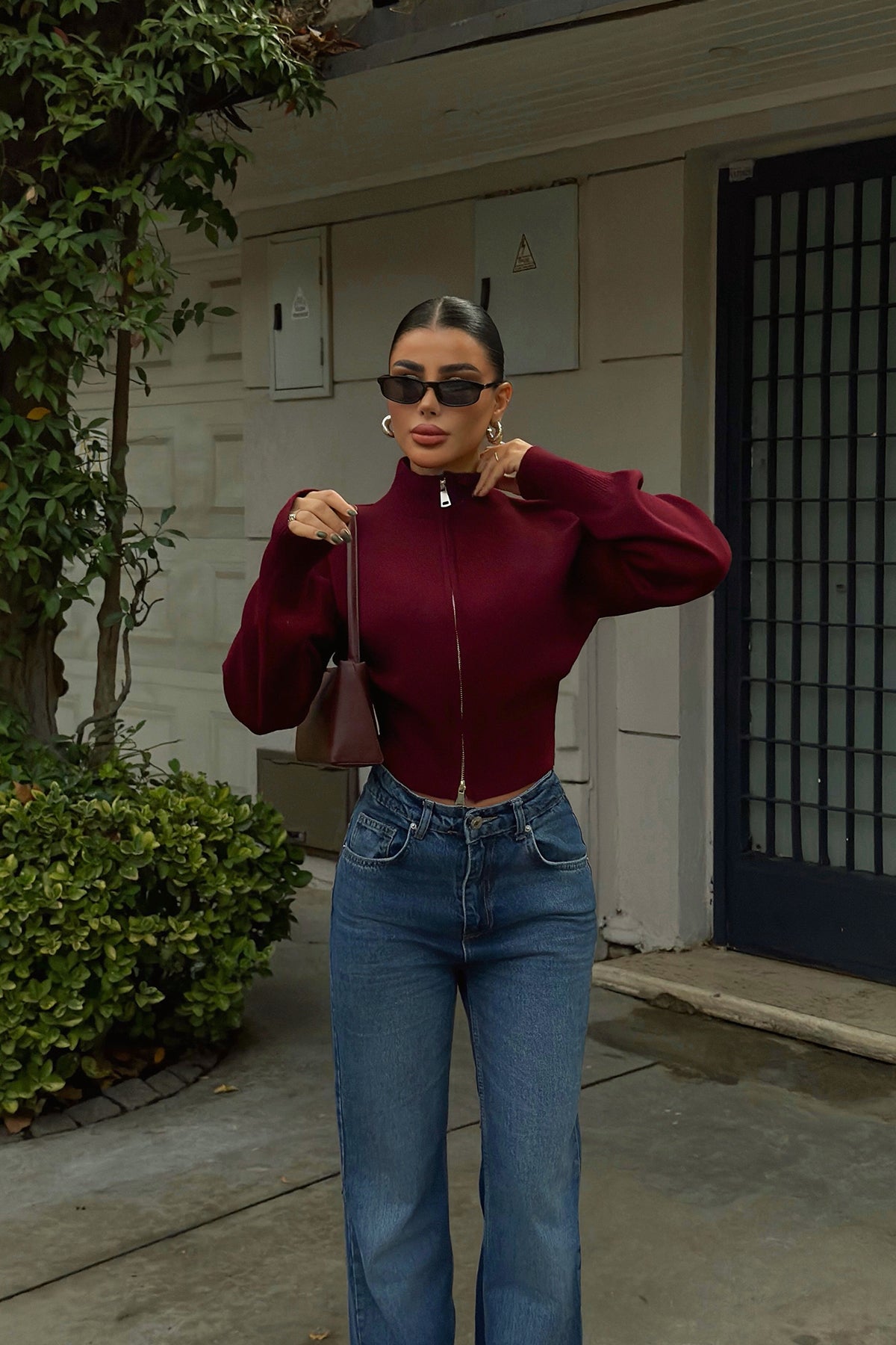 Bordo Balboa Çift Fermuarlı Triko Hırka ATE-3894