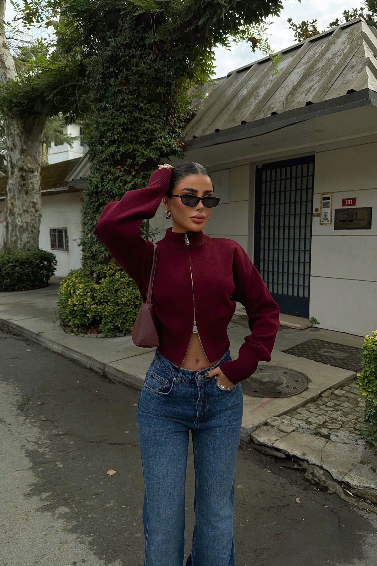 Bordo Balboa Çift Fermuarlı Triko Hırka ATE-3894