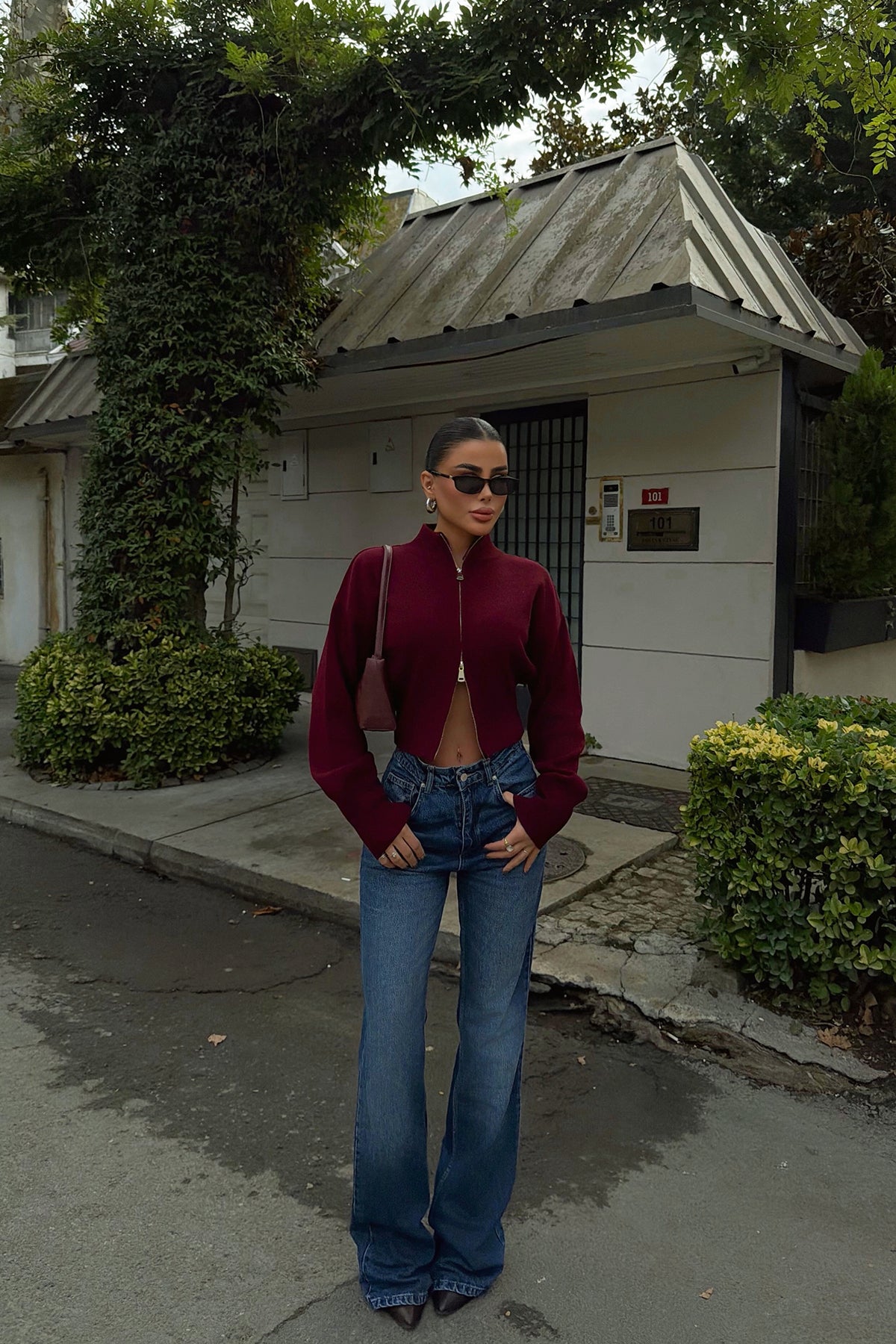 Bordo Balboa Çift Fermuarlı Triko Hırka ATE-3894