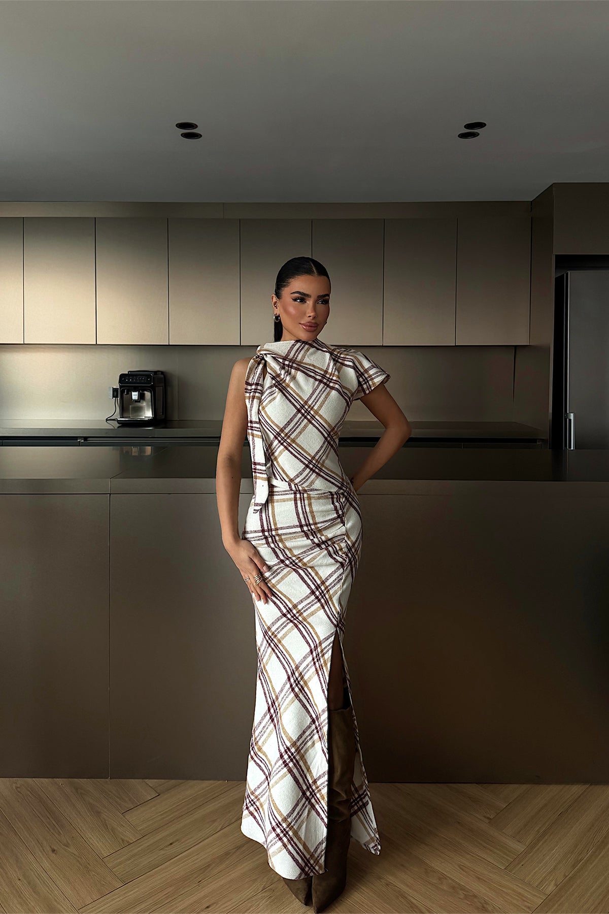 Bordo Aveline Desenli Yırtmaçlı Uzun Elbise ATE-4219 XS