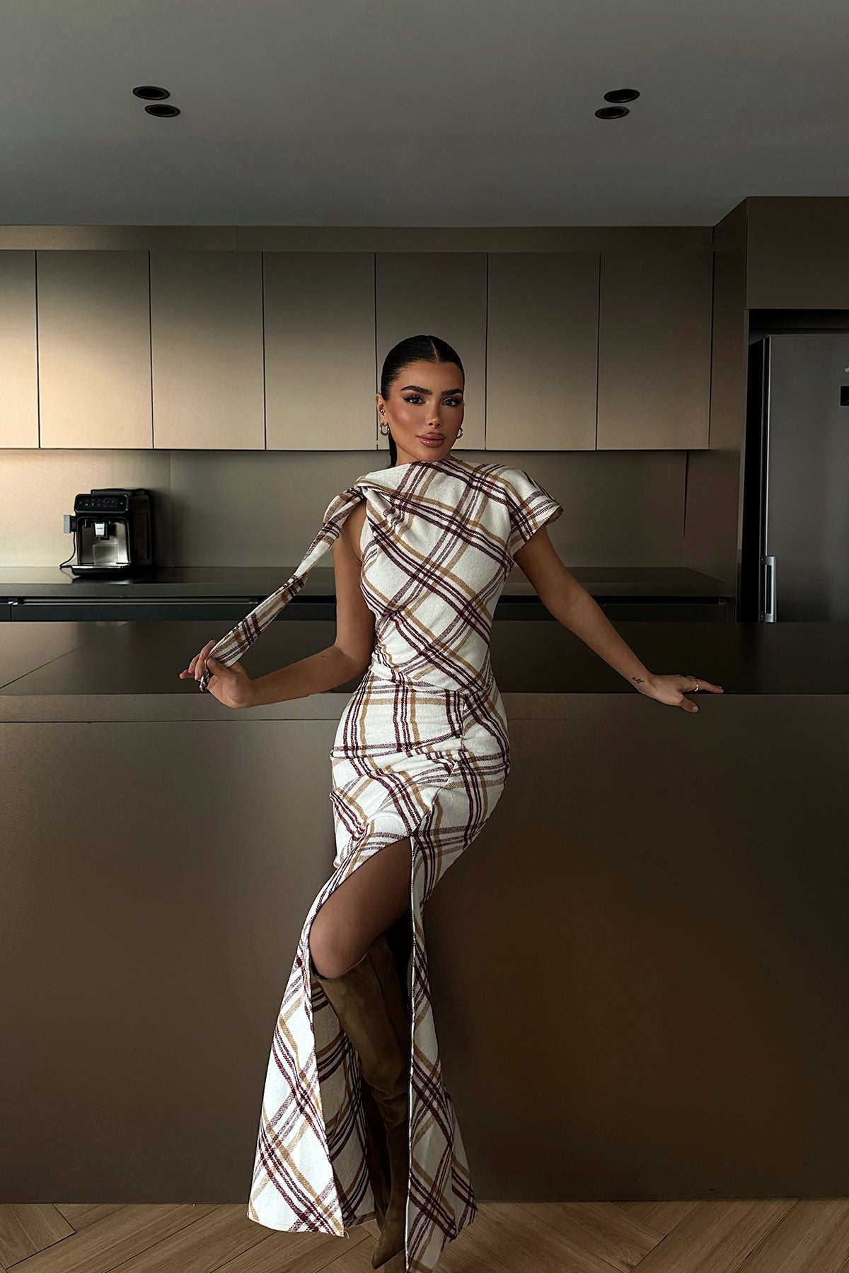 Bordo Aveline Desenli Yırtmaçlı Uzun Elbise ATE-4219