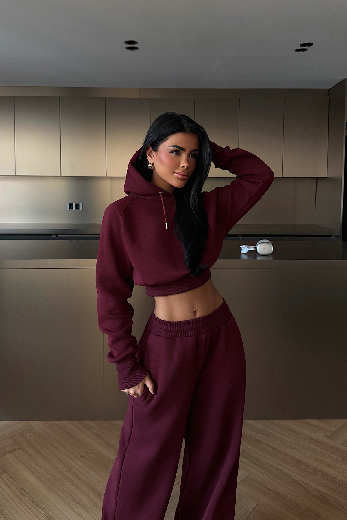 Burgundy Scarf-Hooded Tracksuit Set ATE-3948