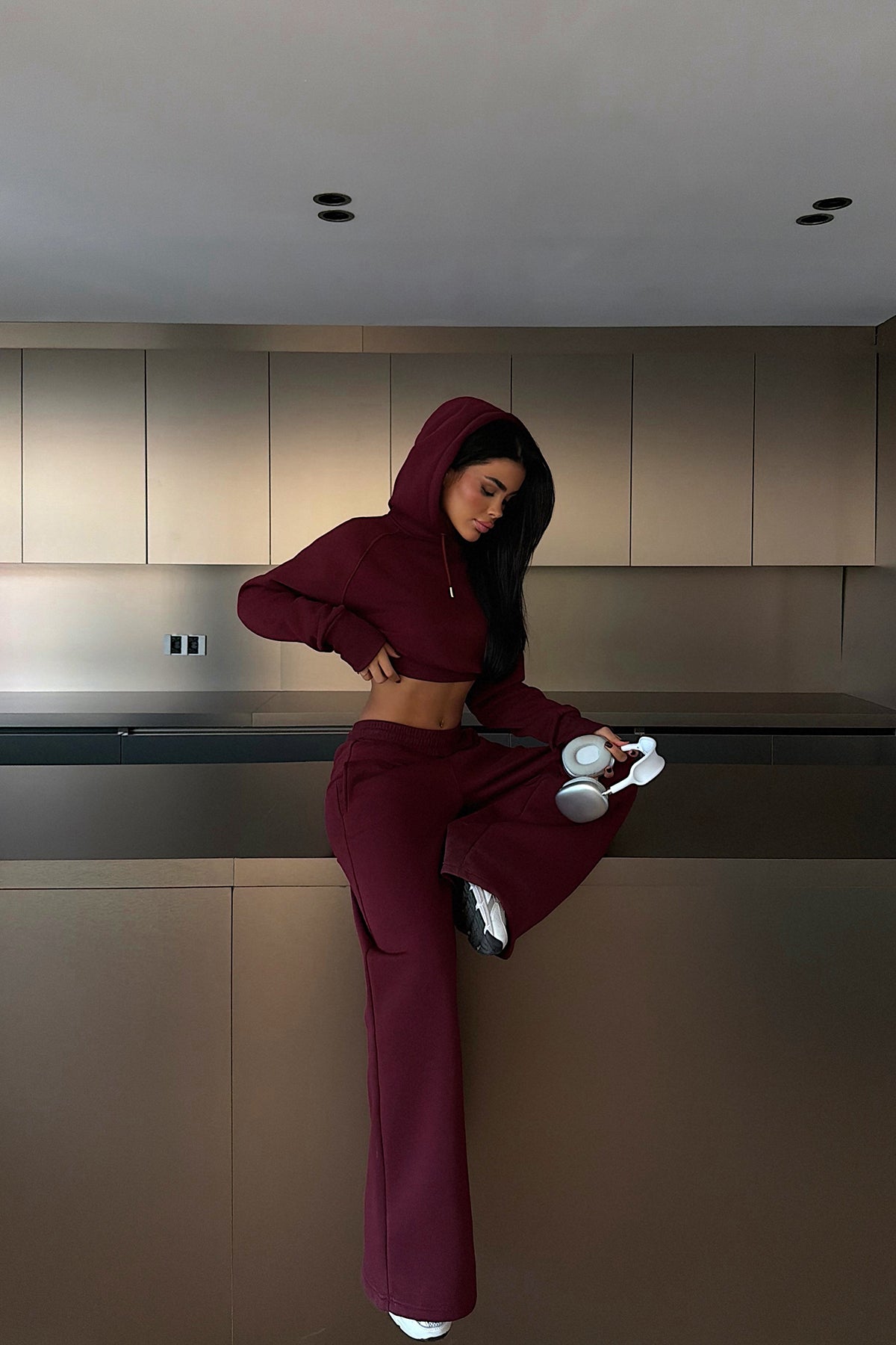 Burgundy Scarf-Hooded Tracksuit Set ATE-3948