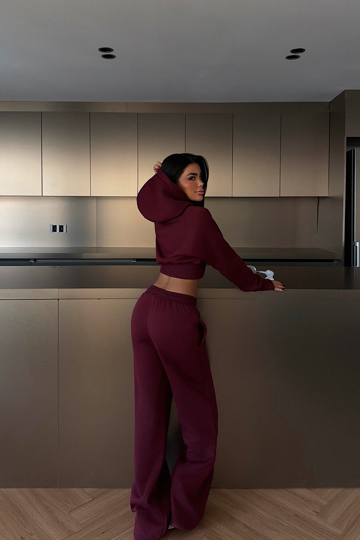 Burgundy Scarf-Hooded Tracksuit Set ATE-3948