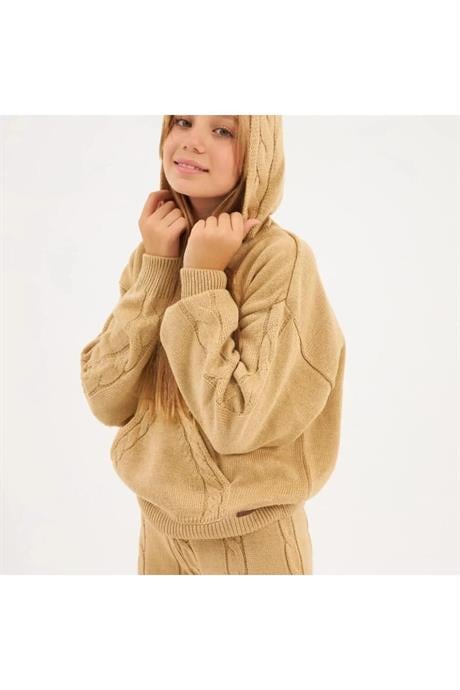 Burgu Örgü Detaylı Kapüşonlu Triko Sweatshirt Triko Pantolon 2'li Takım Krem 10 Yaş