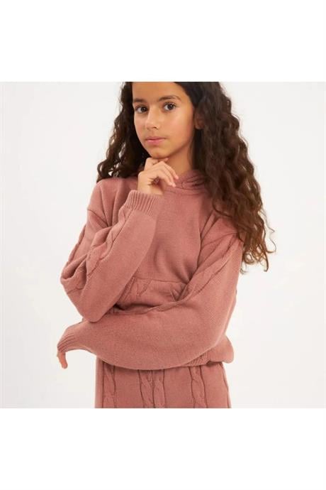 Burgu Örgü Detaylı Kapüşonlu Triko Sweatshirt Triko Pantolon 2'li Takım Pembe 12 Yaş