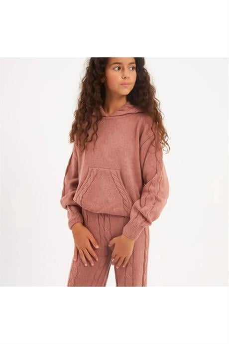 Burgu Örgü Detaylı Kapüşonlu Triko Sweatshirt Triko Pantolon 2'li Takım Pembe 4 Yaş