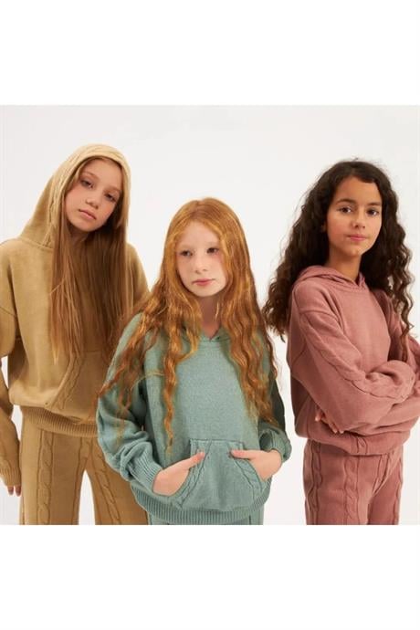 Burgu Örgü Detaylı Kapüşonlu Triko Sweatshirt Triko Pantolon 2'li Takım Yeşil 14 Yaş