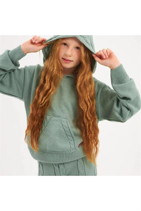 Burgu Örgü Detaylı Kapüşonlu Triko Sweatshirt Triko Pantolon 2'li Takım Yeşil 8 Yaş