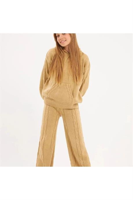 Burgu Örgü Detaylı Kapüşonlu Triko Sweatshirt Triko Pantolon 2'li Takım Krem 12 Yaş