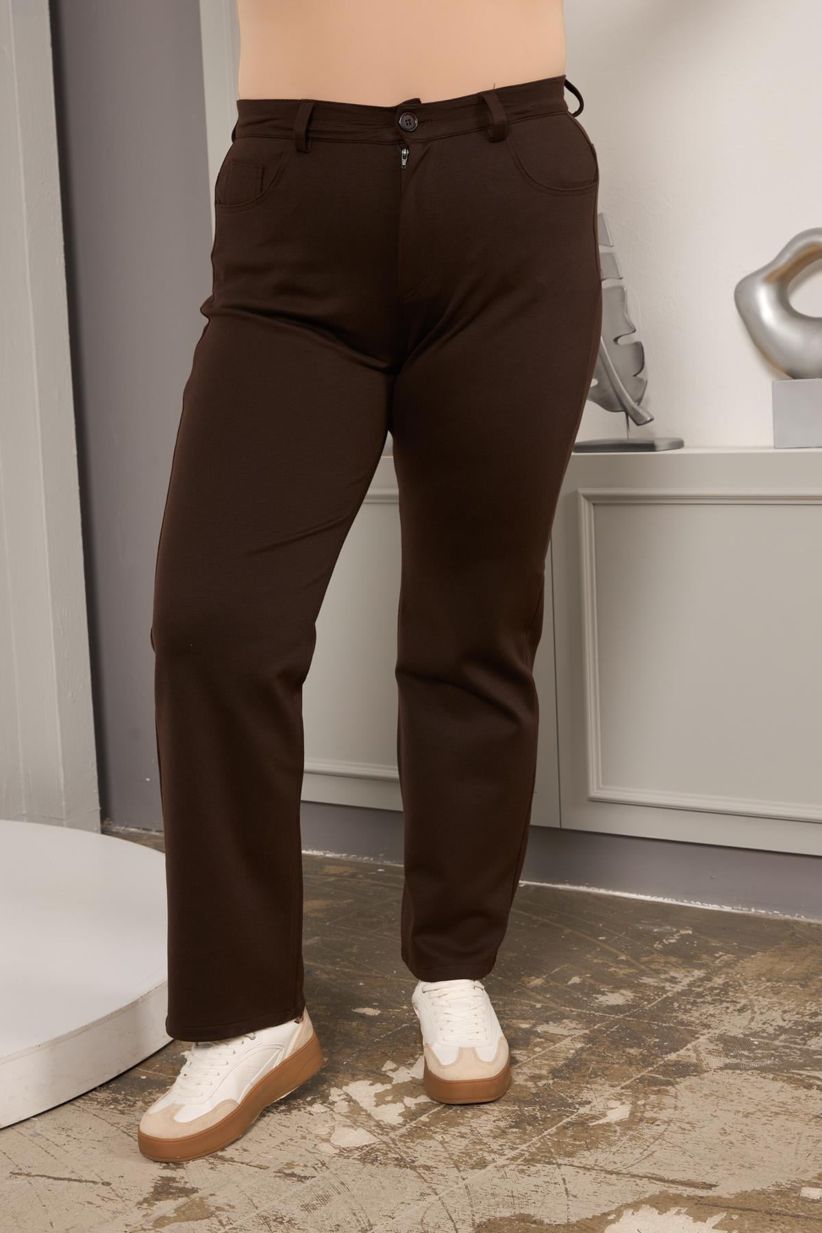 Büyük Beden Boru Paça Çelik Örme Pantolon Kahve