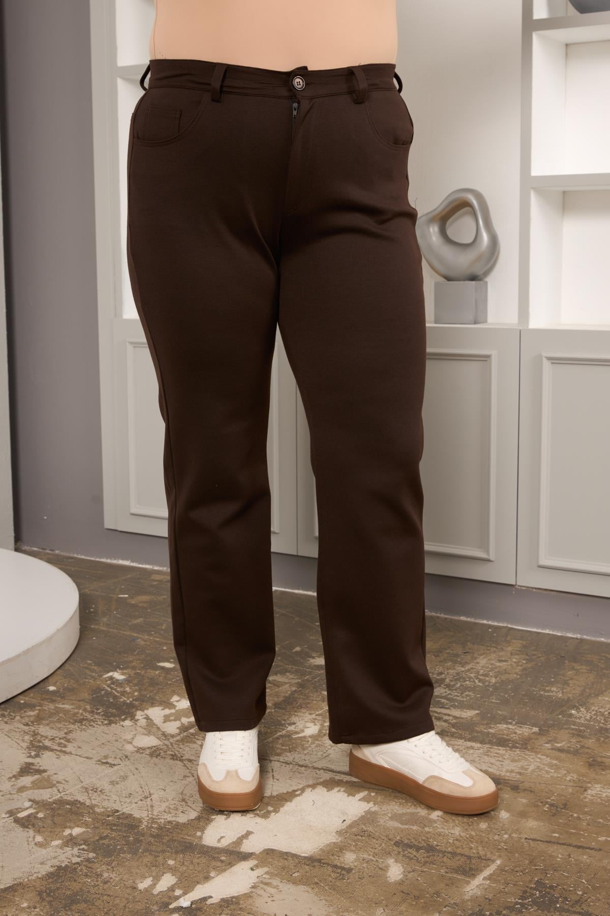 Büyük Beden Boru Paça Çelik Örme Pantolon Kahve