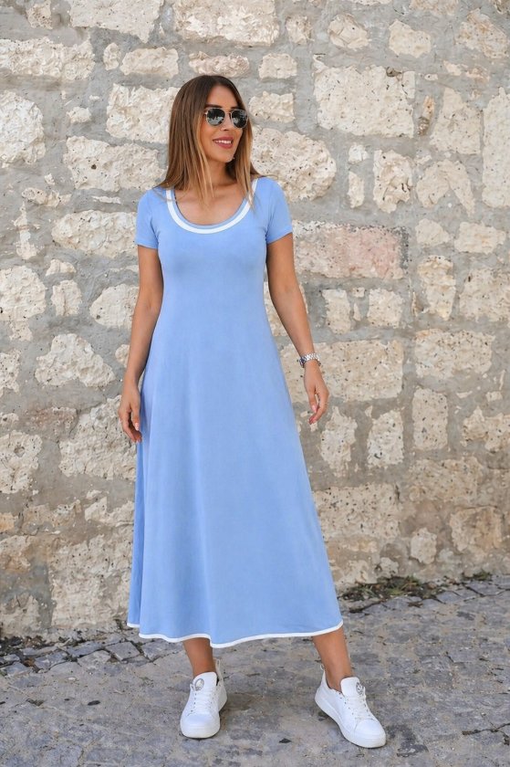 Women's Short Sleeve Round Neck Color-Trimmed Flared Midi Viscose Dress