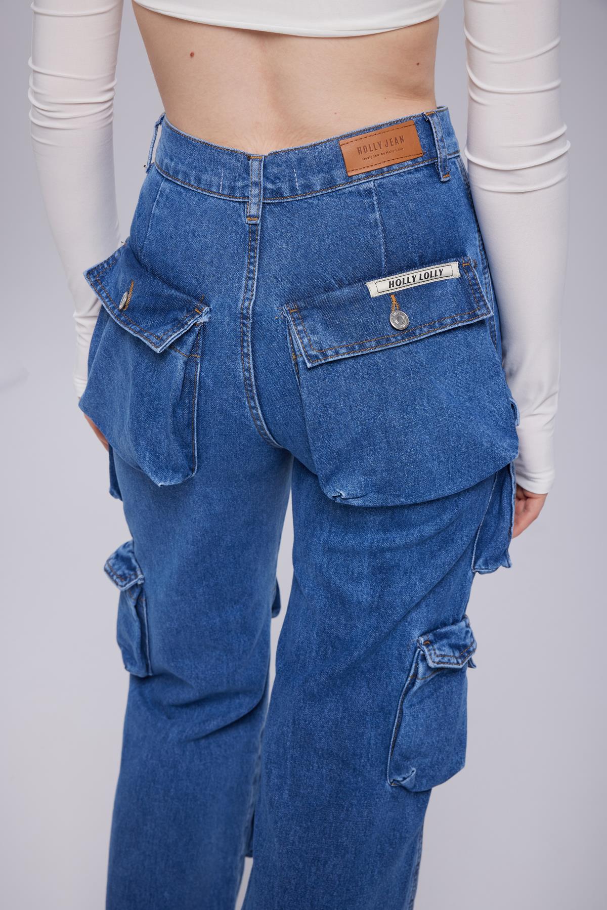 Yüksek Bel Wide Leg Cargo Jean Pantolon Mavi