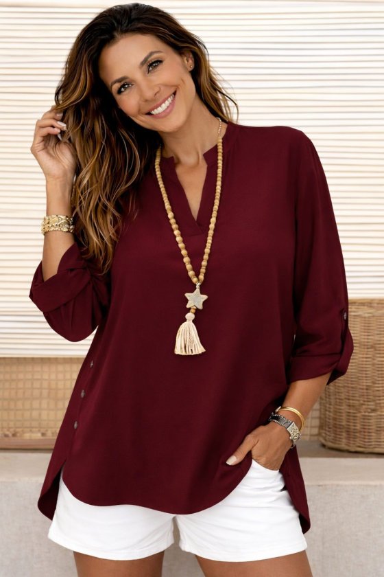 Women's Three-Quarter Sleeve Mandarin Collar Side Button Detailed Aerobin Blouse