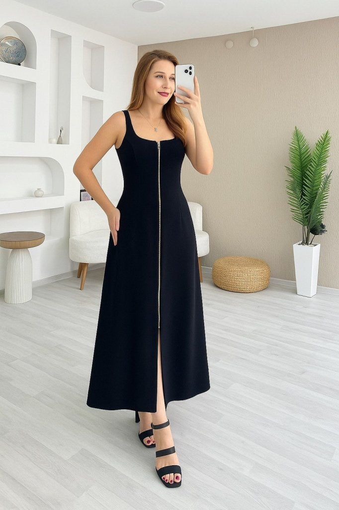Women's Strappy Square Neck Front Zipper Wide Cut Ruffled Crepe Dress