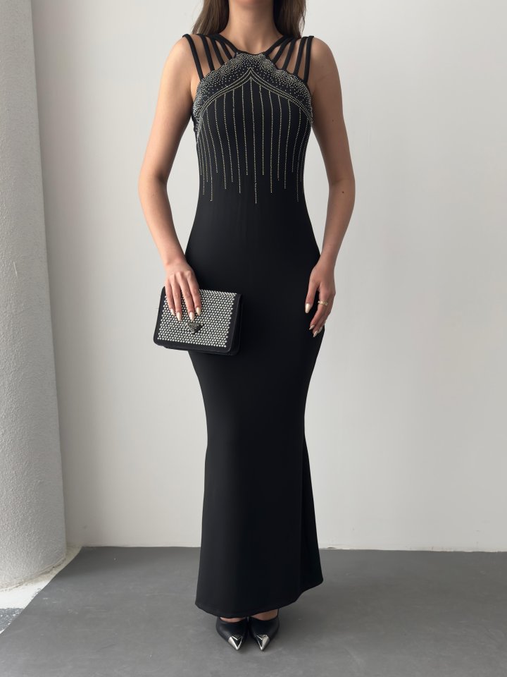 Women's Multi-Strap Shoulder Front Stone Embellished Fish-Cut Ruffled Crepe Maxi Dress