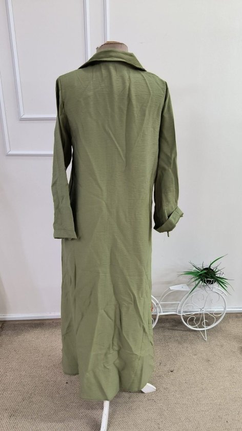 Women's Long Sleeve Collared Front Button Wide Cut Detailed Long Dress