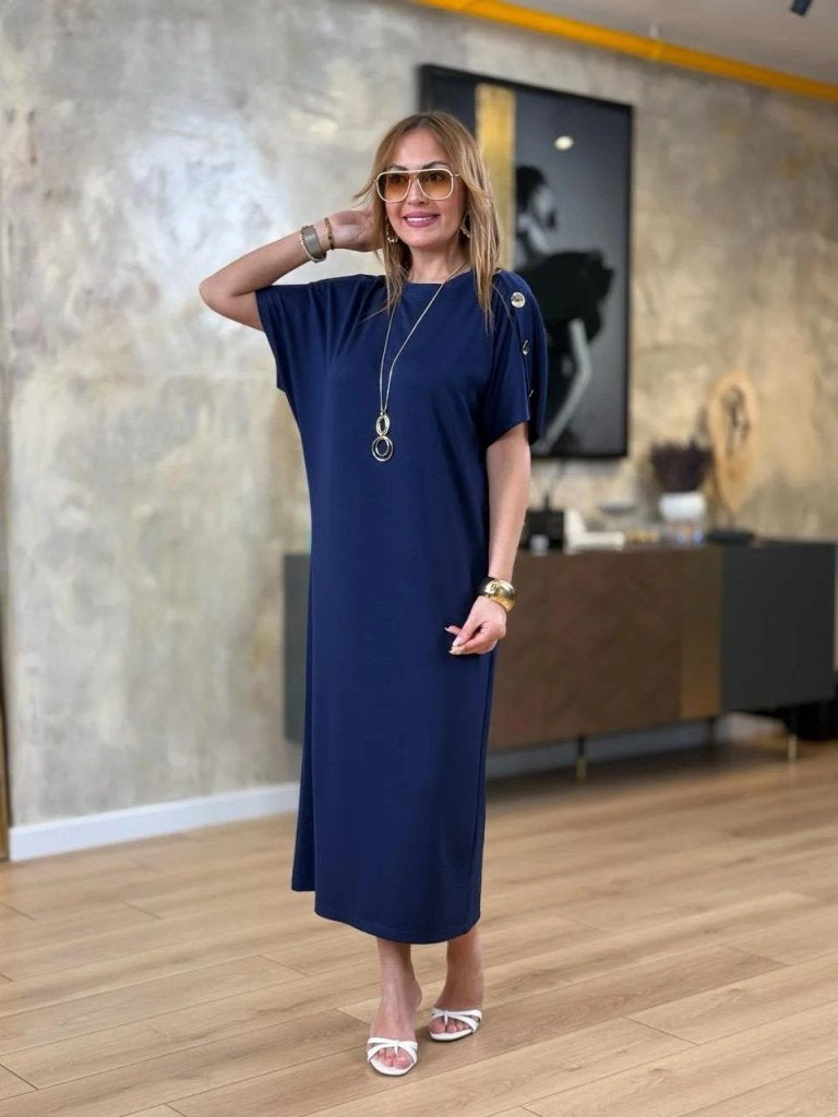 Women's Short Sleeve Crew Neck Shoulder Button Long Viscose Double Thread Dress