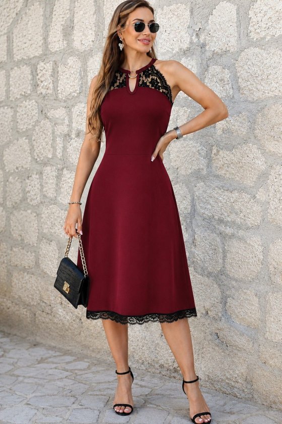 Women's Off-Shoulder Neckline with Ring Accessory Detailed Lace Midi Viscose Dress