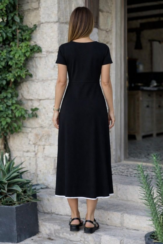 Women's Short Sleeve Open Neck Front Zipper Flared Midi Viscose Dress
