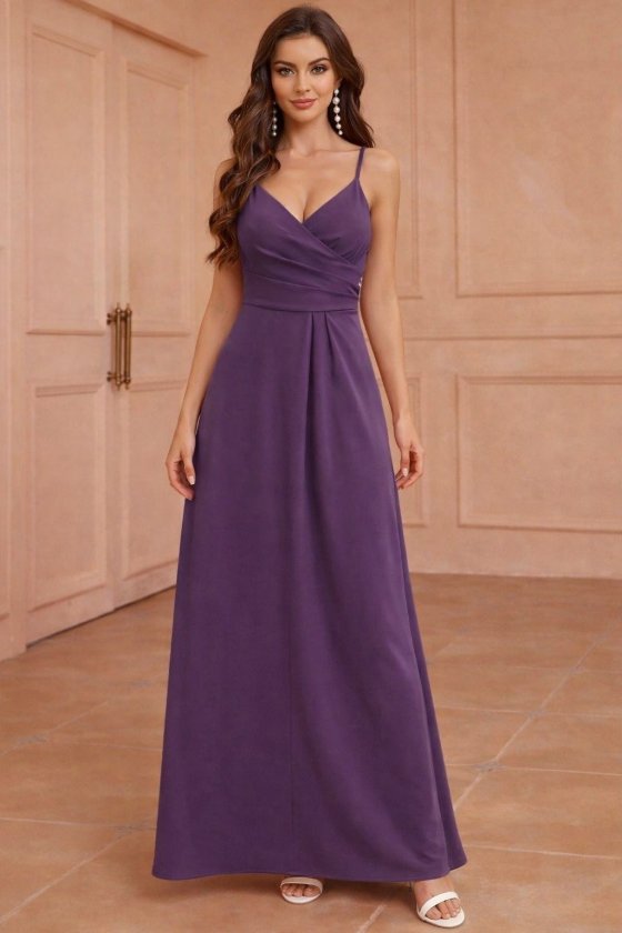 Women's Spaghetti Strap Wrap Neck Slit Long Imported Crepe Dress