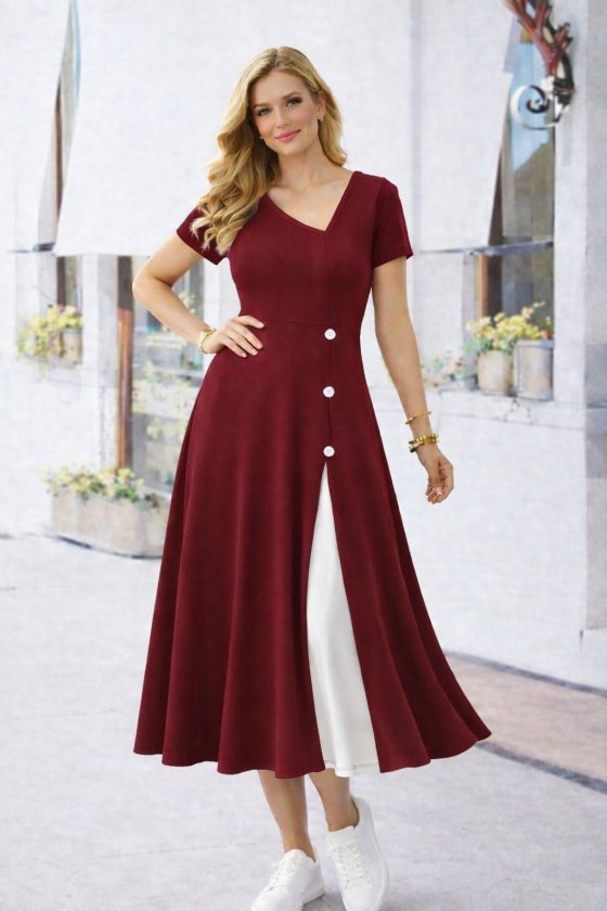Women's Short Sleeve Asymmetric Collar Button Detail Midi Viscose Dress