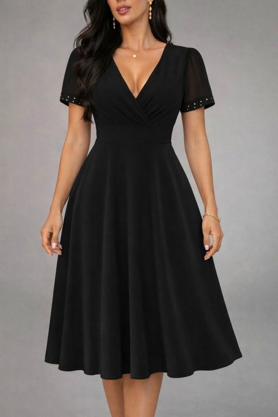 Women's Short Sleeve V-Neck Short Janjan Crepe Dress with Tulle Stone Details on Sleeves