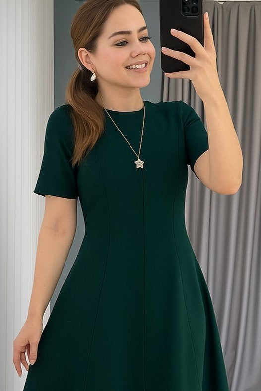 Women's Short Sleeve Crew Neck Maxi Length Imported Crepe Dress